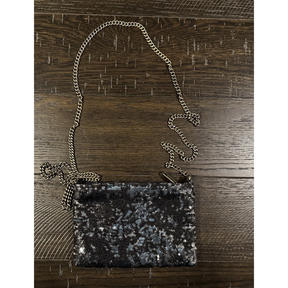J. Crew Black Sequin Crossbody Bag Bronze Chain Strap Evening Clutch 63668 HO 12